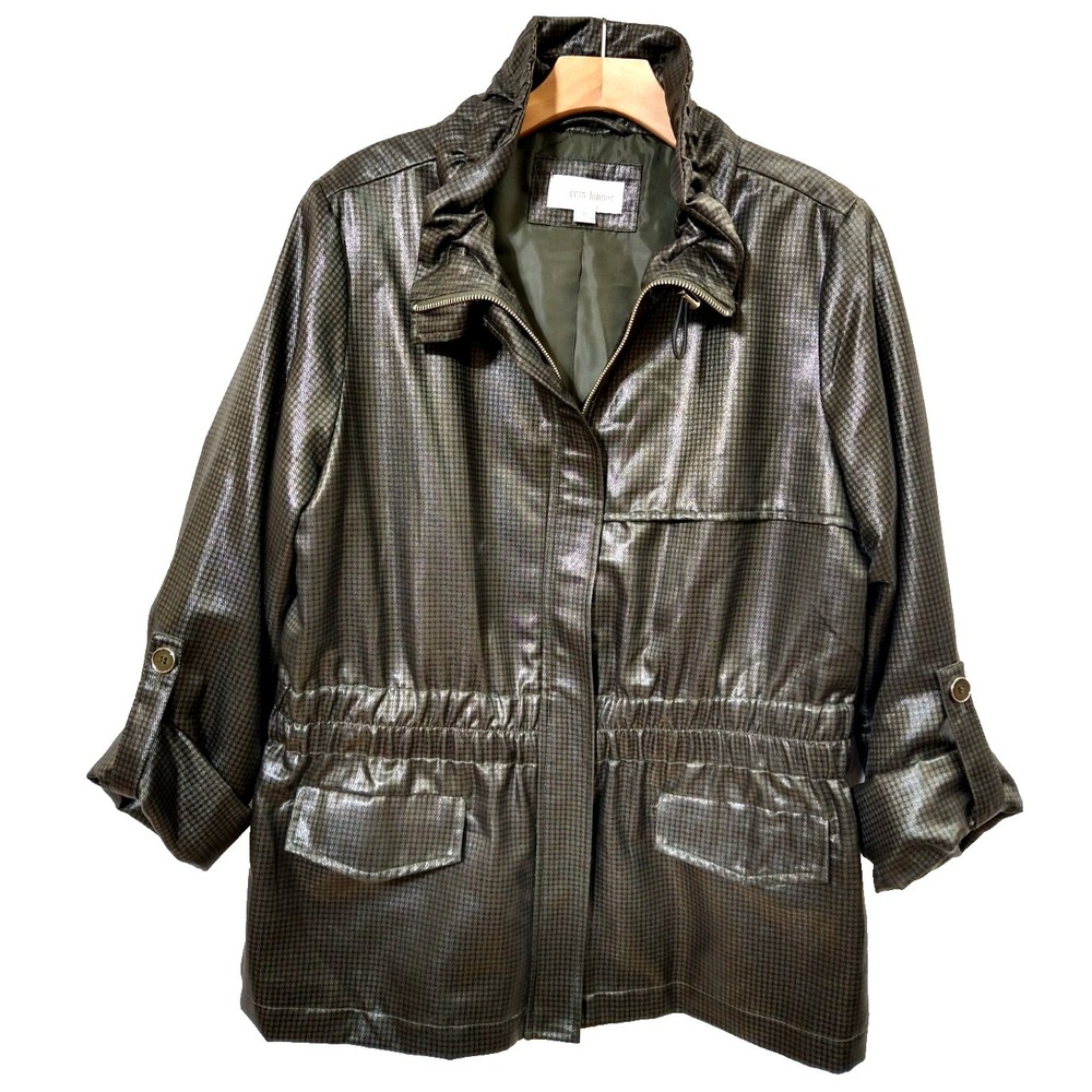 Grunge Indie Boho Gorpcore Shiny Erin London Black Olive checkered jacket sz M